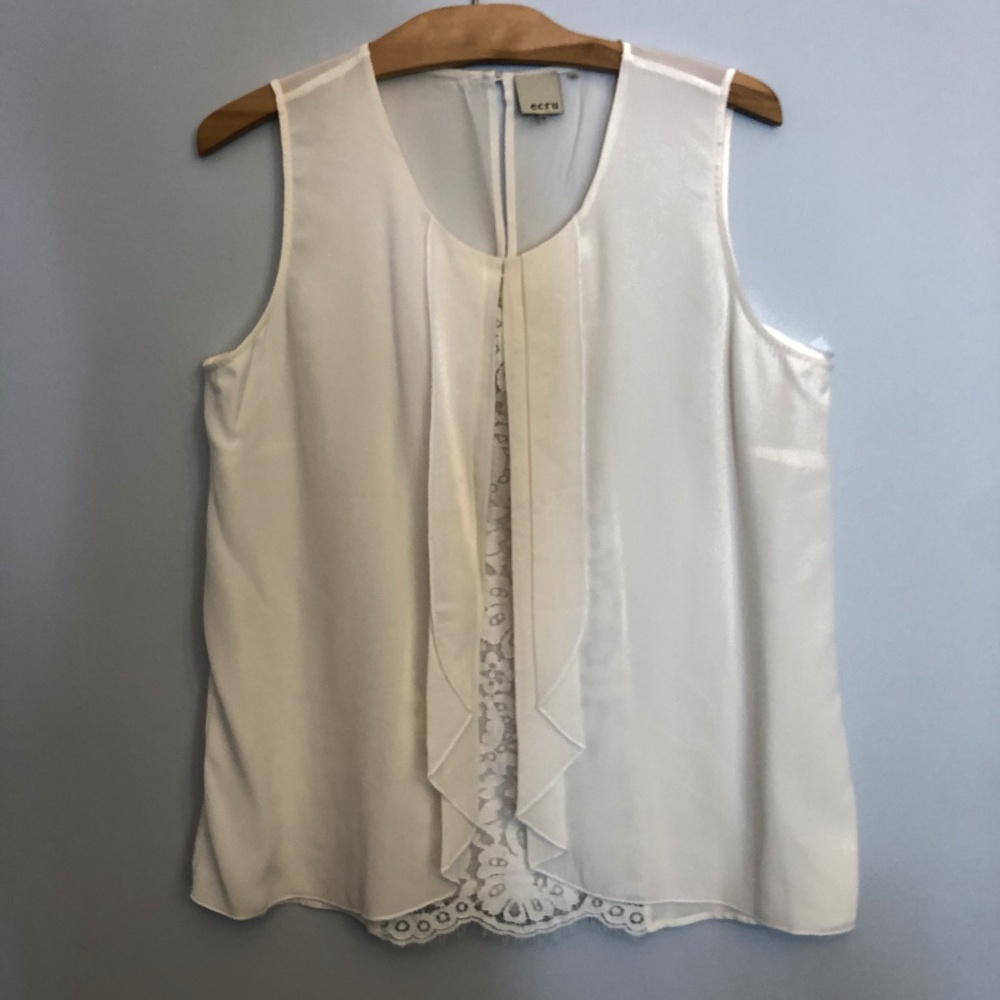 Ecru 100% Silk Tank with Lace Inset